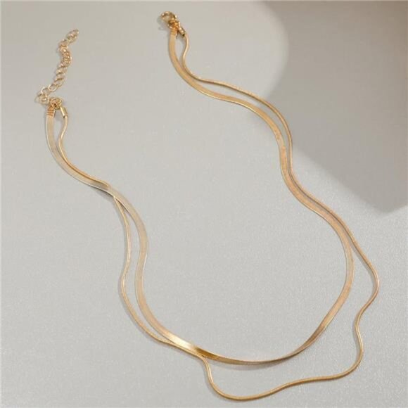 Layered Gold Chain Necklace | Cuban & Herringbone Double Chain - Picture 4 of 4